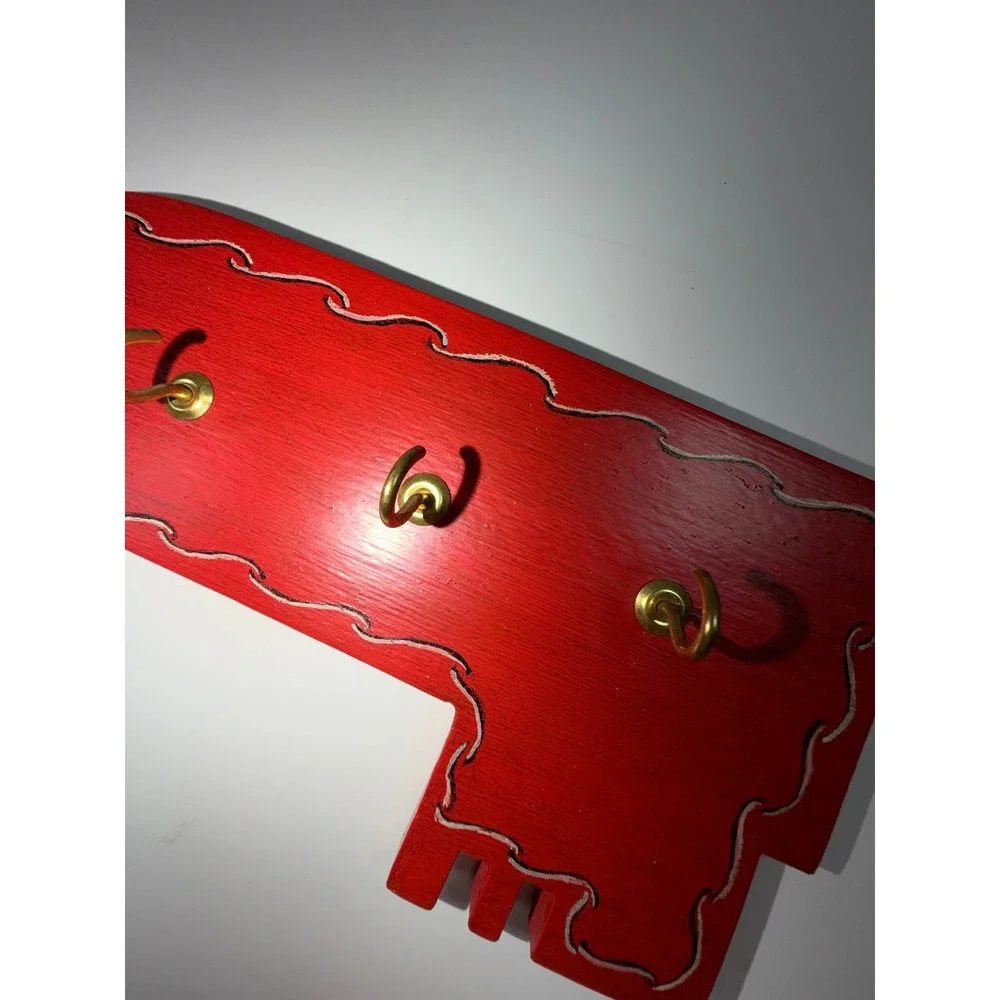 Scandinavian Wooden Key Holder Rosemaling Red Folk Art Hand Painted Wall Decor